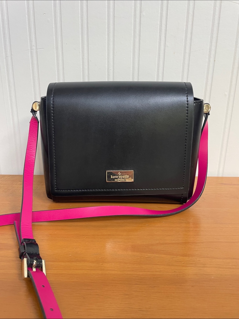 kate spade Black Leather Crossbody with Hot Pink Strap